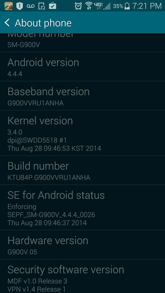 android 4.4.4 KiKat Verizon Galaxy S5 SM-G900V
