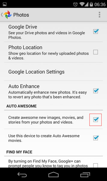 disable auto awesome feature android ios