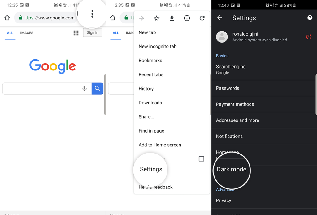 google chrome enable dark theme android