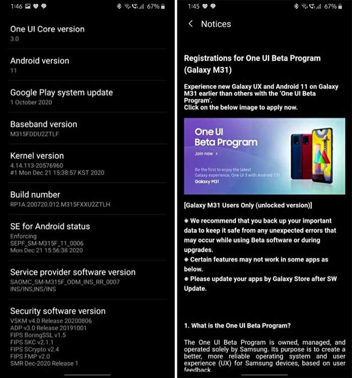 galaxy m31 one ui 3 update